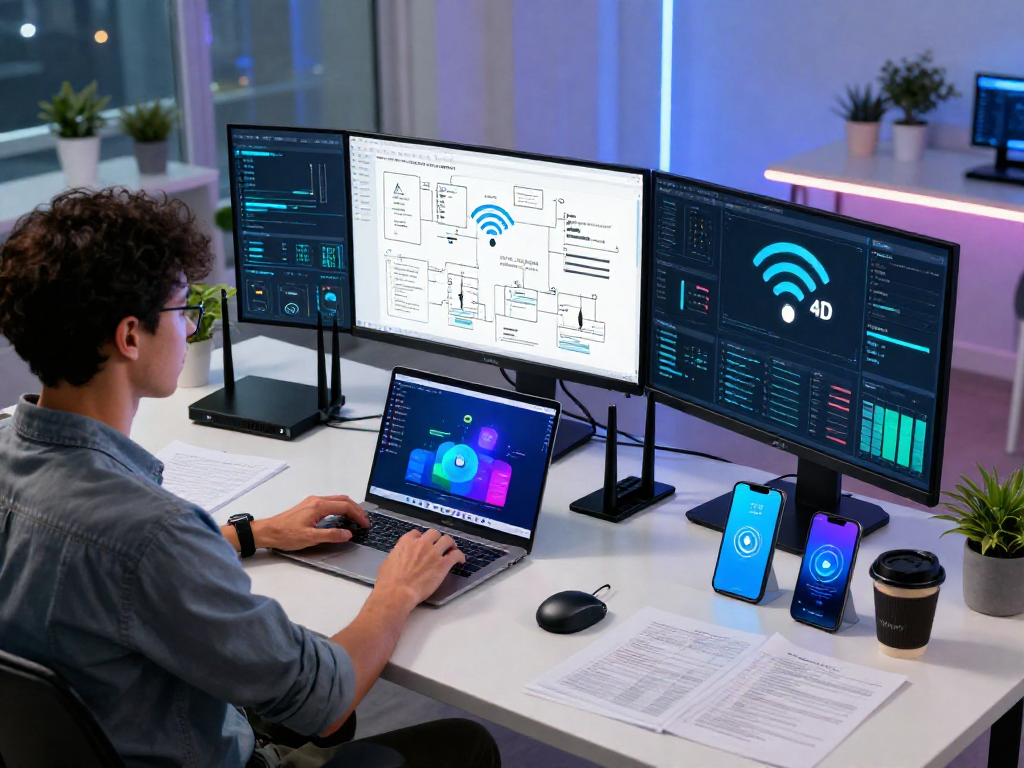 Ruang kerja modern menampilkan teknologi wifi 4d dan perangkat canggih.