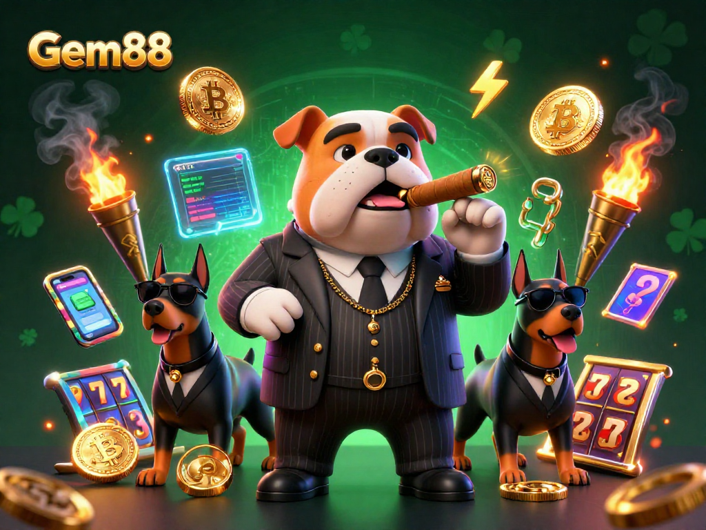 Engage with Gem88's thrilling casino scene featuring crypto coins and slot machines.