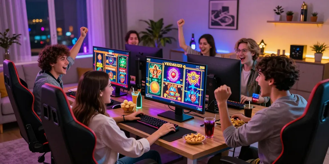 vegas123 pemain slot online sedang bersenang-senang di ruang tamu modern
