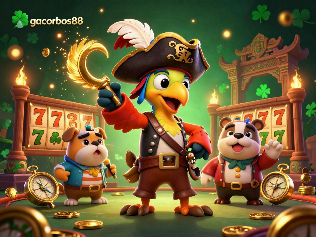 Engage in thrilling gaming at gacorbos88, featuring a vibrant pirate-themed slot environment with gold coins.
