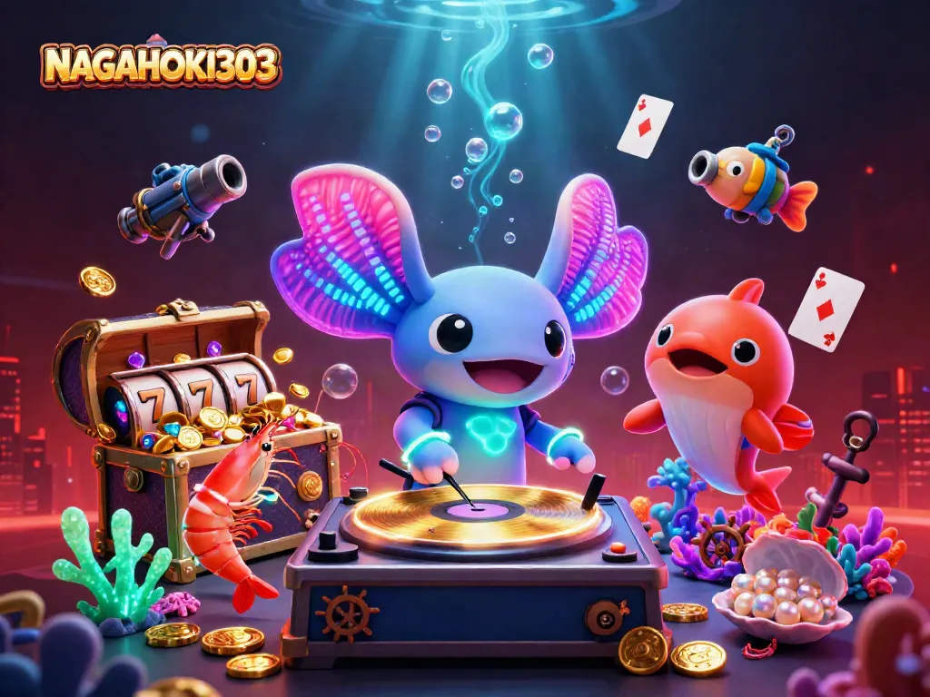 Permainan slot online dengan NAGAHOKI303, DJ axolotl dan karakter laut yang menghibur.