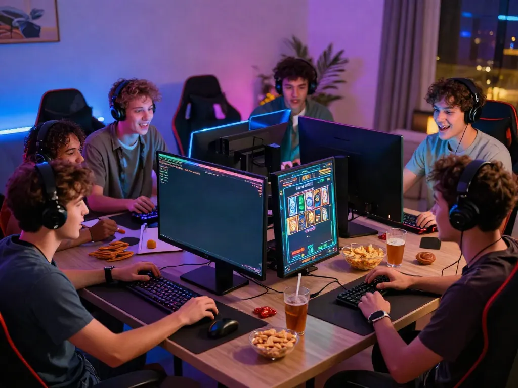 Friends enjoying online gaming with akunjp slot games in a cozy setting.