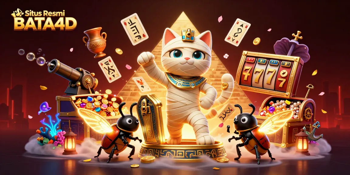Situs Resmi BATA4D memperlihatkan kucing mummy kartun 3D dan scarab dalam aksi bermain slot dengan banyak koin emas menyebar.