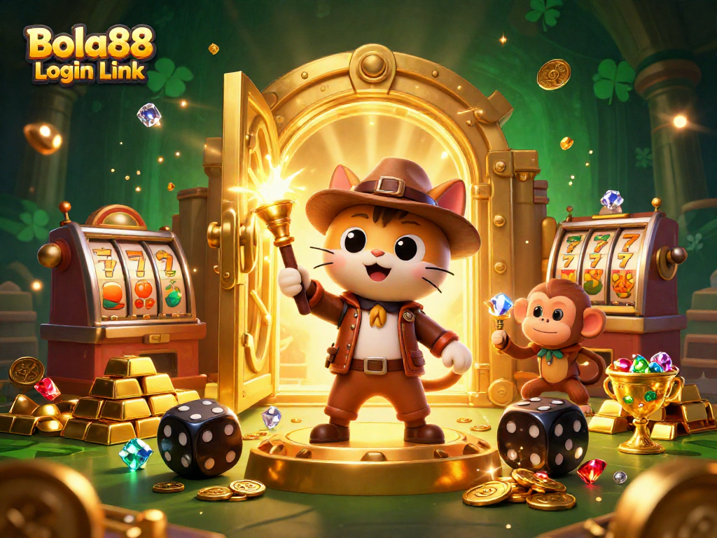Bola88 Login Link illustration showcasing a cartoon archaeologist cat discovering casino treasures amid vibrant 3D elements.