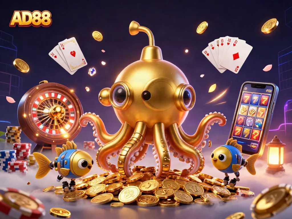 Experience AD88's thrilling casino adventure with golden kraken submarine and sparkling gems.