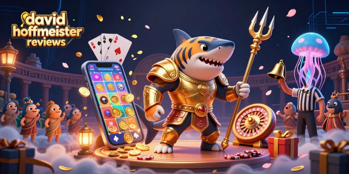 dive into excitement with david hoffmeister reviews featuring thrilling casino elements including a tiger shark and slot game.