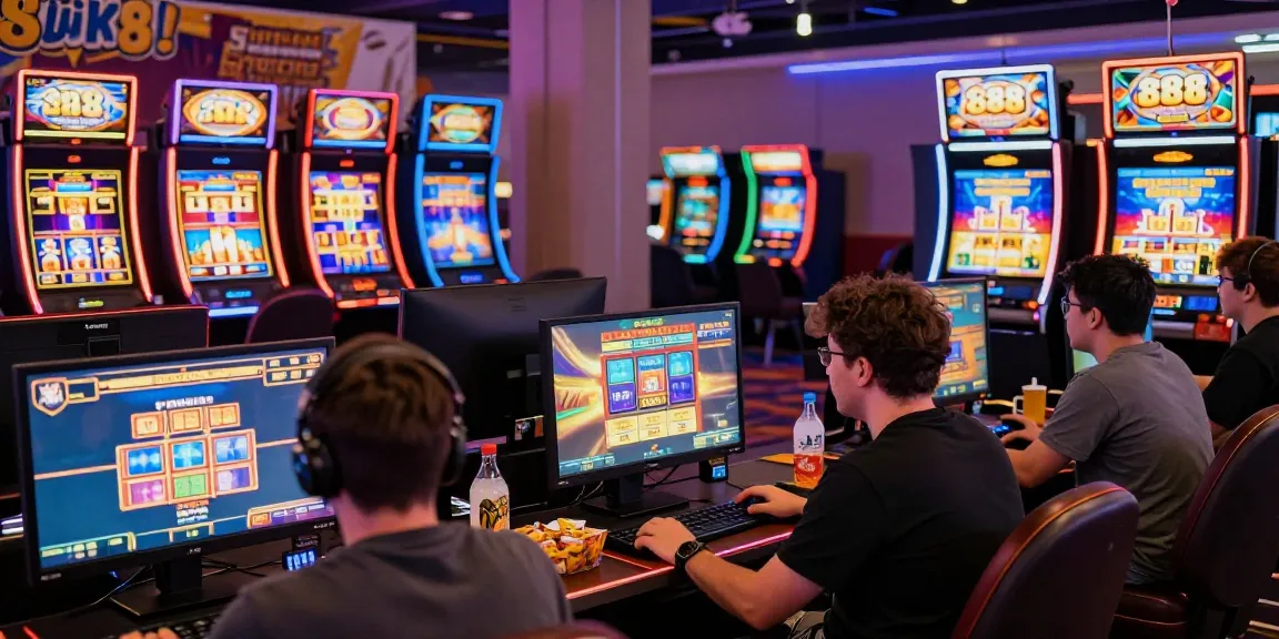 Pengguna slot88 yang penuh semangat di kasino online dengan mesin slot bercahaya.