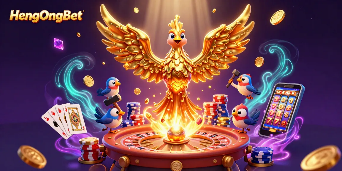 Experience the excitement of HengOngBet with a golden phoenix and vibrant casino elements.