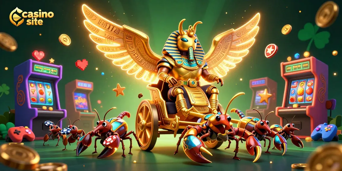 Experience thrilling action at a casino site with animated beetles, scorpions, and gaming elements.
