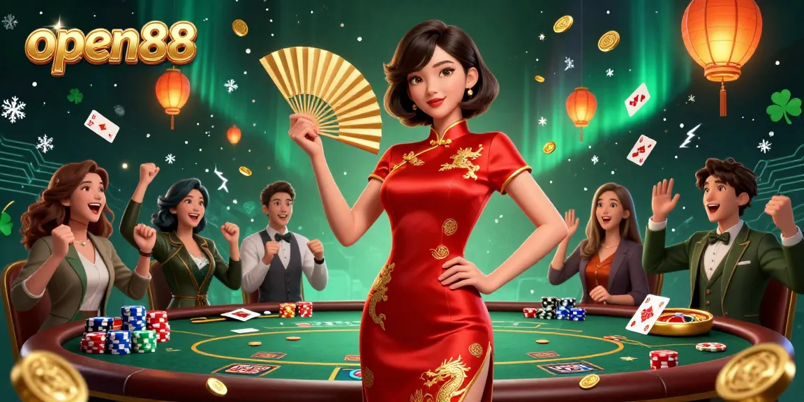 Experience thrilling gameplay at open88, featuring a confident Asian woman in a live casino scene with poker elements and extravagant details.