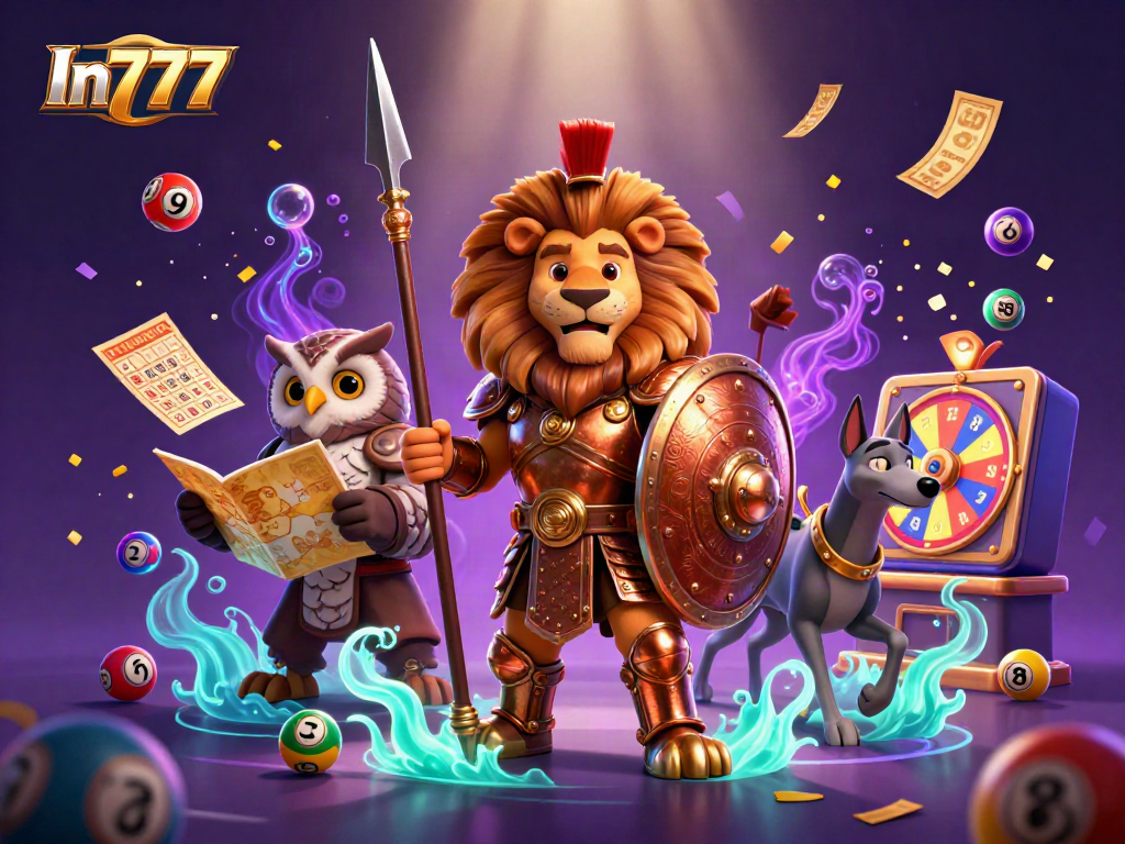 Engage with In777's thrilling lottery elements featuring vibrant balls and exciting prizes in a dynamic scene.