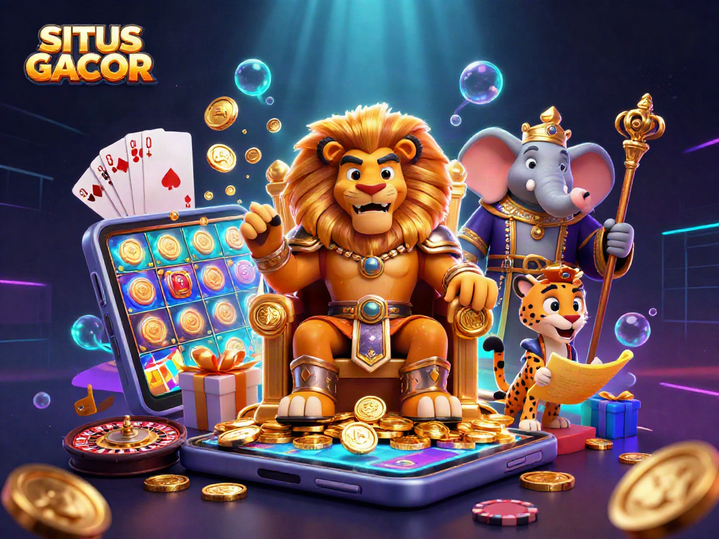 SITUS GACOR brings thrilling casino adventures with a lion king, wise elephant, and cheetah amidst vibrant gaming elements
