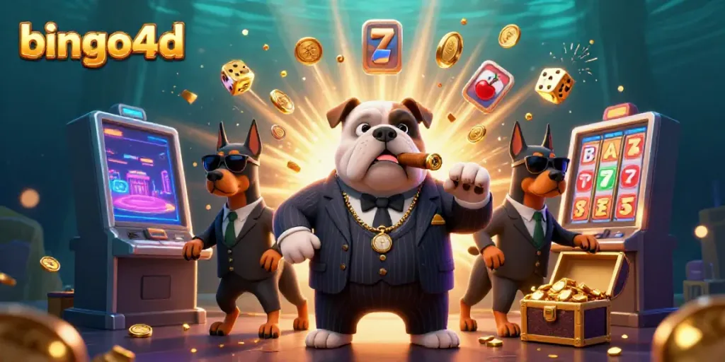 Gamer bersenang-senang dengan permainan bingo4d, dikelilingi karakter unik.