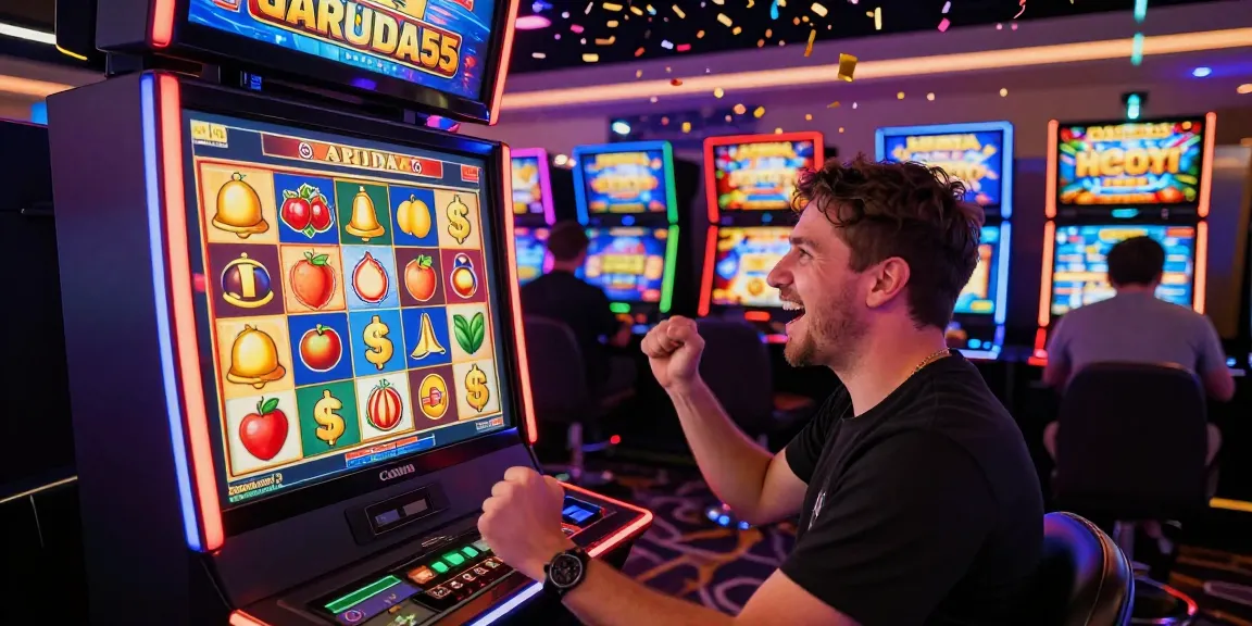 Player celebrating a win at GARUDA55 slot machine in vibrant casino atmosphere.