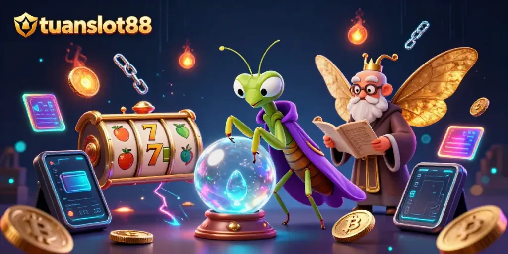 Permainan slot menarik dari tuanslot88 dengan karakter unik dan simbol keberuntungan yang berkilau.
