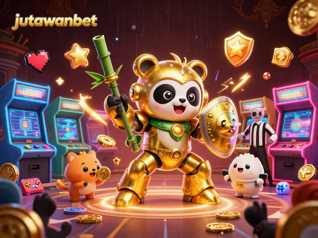 Experience the thrill at jutawanbet with gaming machines, a golden panda, and vibrant casino visuals.