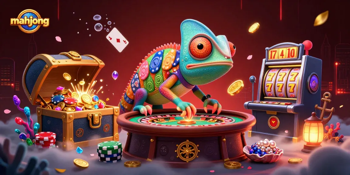 Engage in mahjong gameplay with vibrant visuals and casino elements like slot reels and golden coins.