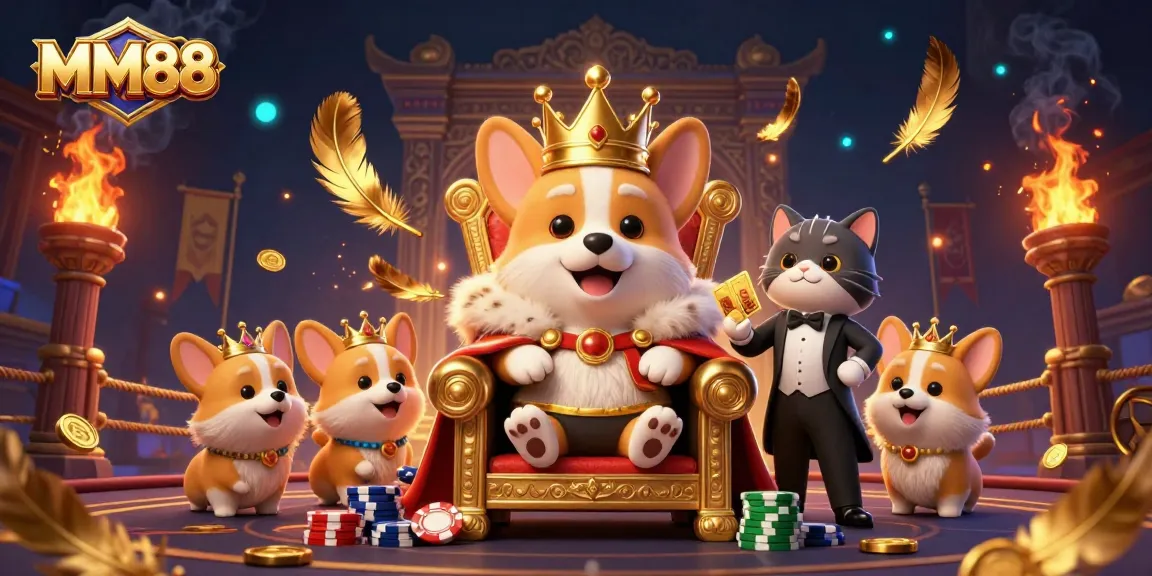 Engage in thrilling gameplay at MM88 with a vibrant casino scene featuring a royal corgi and exciting game elements.
