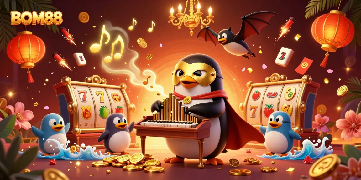 BOM88 engages players with a lively 3D casino scene featuring a penguin and golden coins flowing.