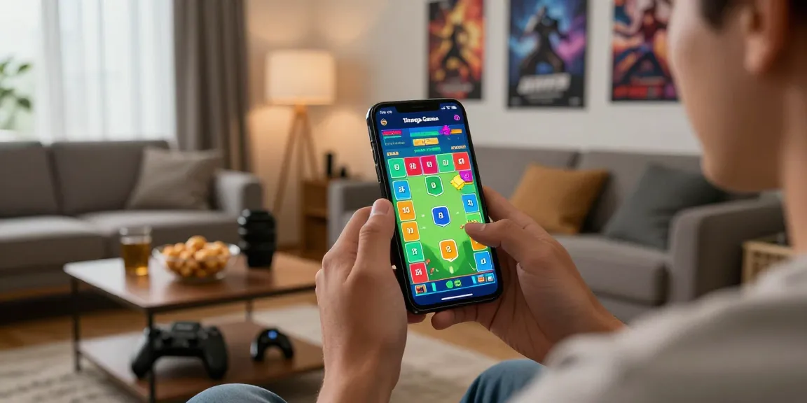 Engaged user playing Tiranga Games on mobile device in a cozy living room.