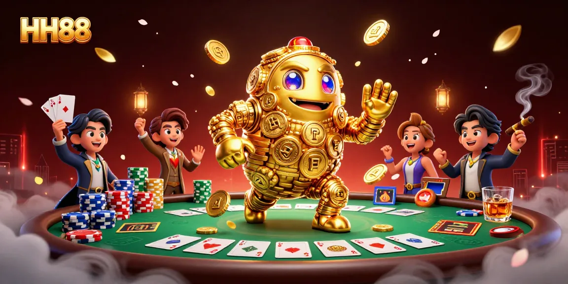 Spin the reels at HH88 with a golden golem surrounded by poker elements, vibrant casino atmosphere