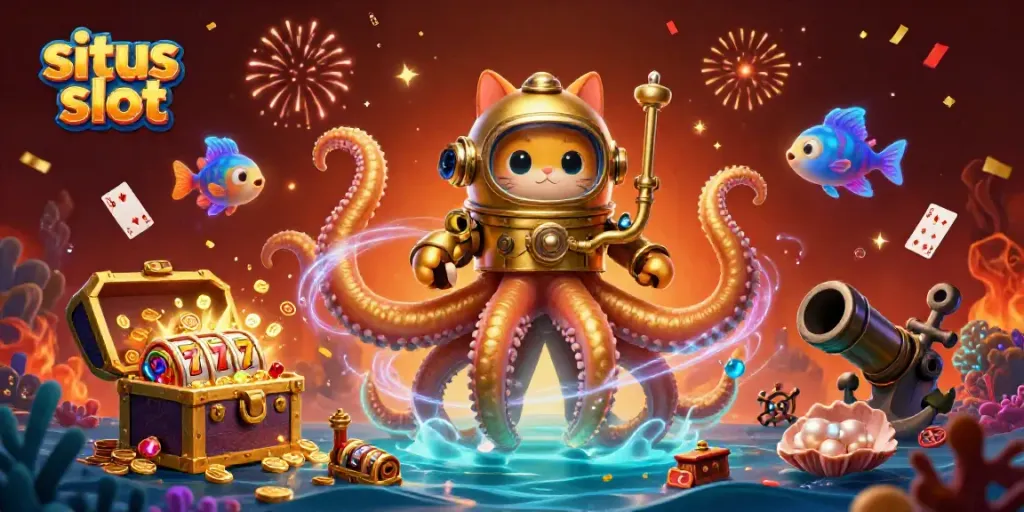 Engage with situs slot adventure featuring a colossal kraken and diving cat in a treasure-filled ocean.
