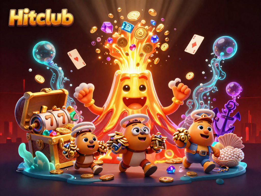 Engage in thrilling wins at Hitclub with a dynamic casino scene featuring vibrant elements and characters.