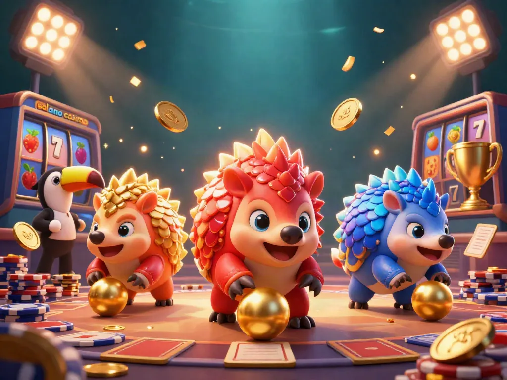 Compete at solana casino with colorful pangolins crushing chips and spinning slot reels in an exciting scene.