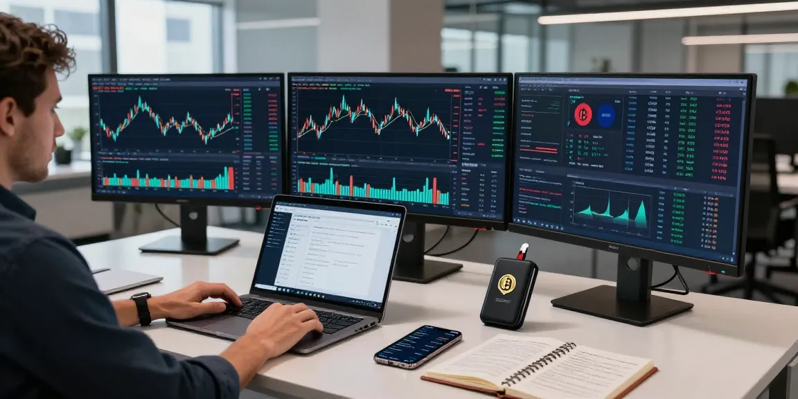 Play exchange interface displayed on multiple monitors in a professional crypto trading workspace, showcasing blockchain technology and live trading metrics.