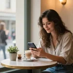Young woman smiling at her phone after a message from her crush on a dating app in a cozy café.