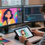 Vibrant digital art studio scene of NSFW AI character creation with artist focused on tablet, showcasing innovative design elements.