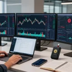Play exchange interface displayed on multiple monitors in a professional crypto trading workspace, showcasing blockchain technology and live trading metrics.