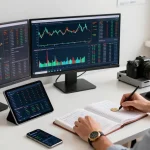 Отзывы bitmex: трейдер анализирует графики криптовалют на современном рабочем месте.