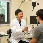 Consultation in a modern eye clinic discussing 라식 전 주의사항 with patient.