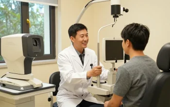 Consultation in a modern eye clinic discussing 라식 전 주의사항 with patient.