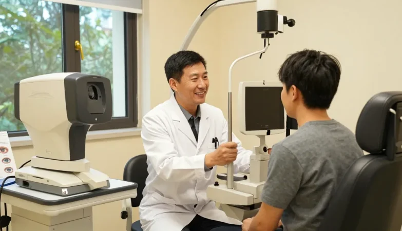 Consultation in a modern eye clinic discussing 라식 전 주의사항 with patient.